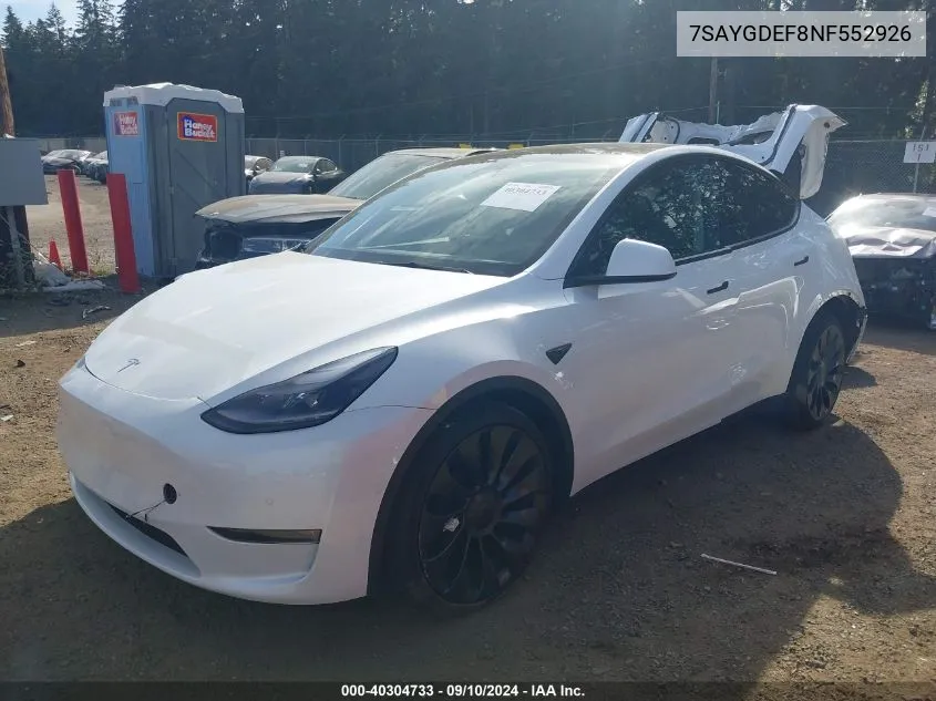 2022 Tesla Model Y Performance Dual Motor All-Wheel Drive VIN: 7SAYGDEF8NF552926 Lot: 40304733