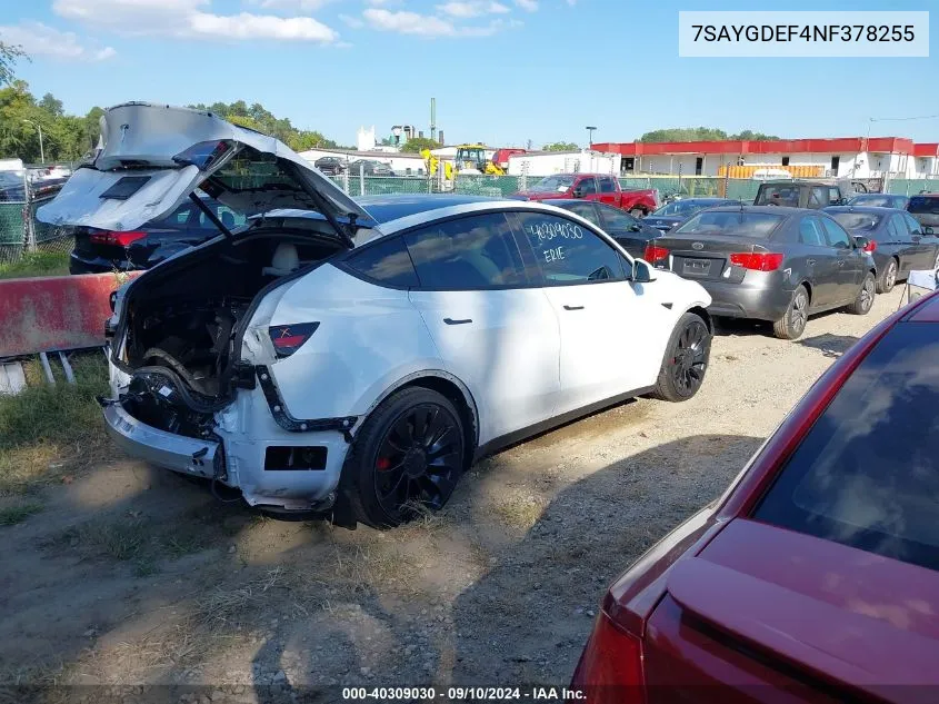 2022 Tesla Model Y Performance Dual Motor All-Wheel Drive VIN: 7SAYGDEF4NF378255 Lot: 40309030