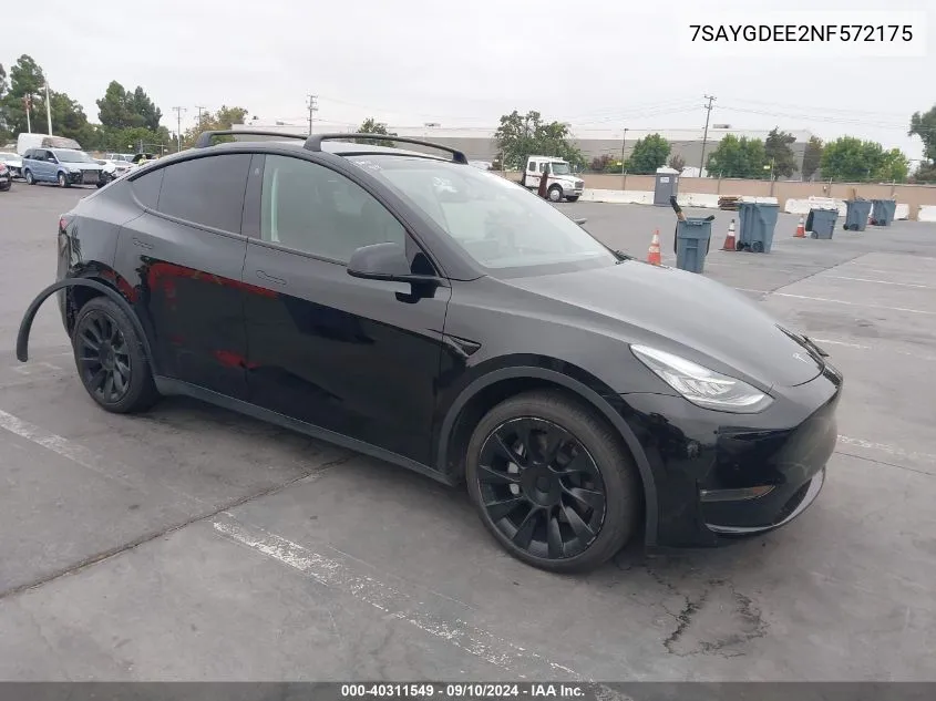 2022 Tesla Model Y Long Range Dual Motor All-Wheel Drive VIN: 7SAYGDEE2NF572175 Lot: 40311549