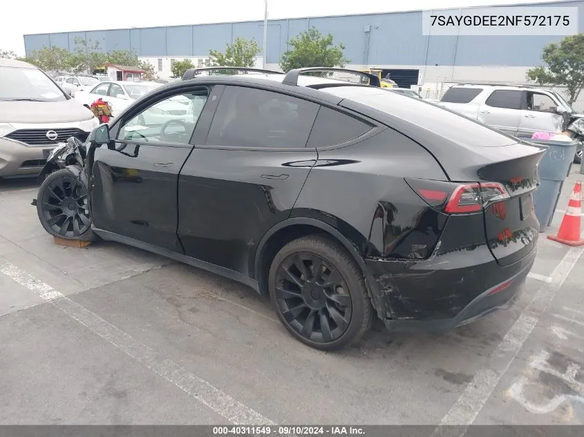 2022 Tesla Model Y Long Range Dual Motor All-Wheel Drive VIN: 7SAYGDEE2NF572175 Lot: 40311549