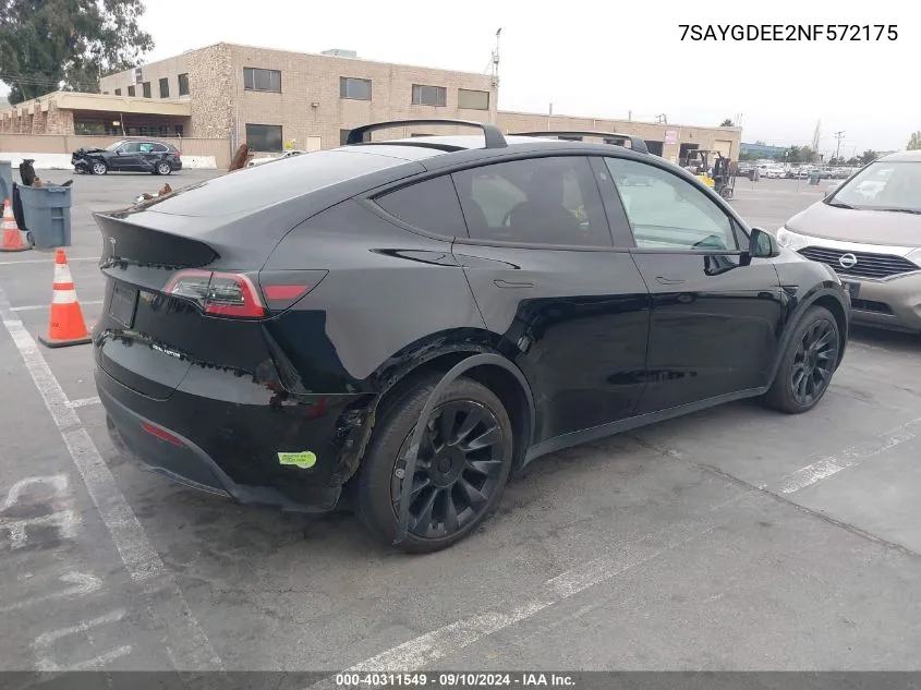 2022 Tesla Model Y Long Range Dual Motor All-Wheel Drive VIN: 7SAYGDEE2NF572175 Lot: 40311549