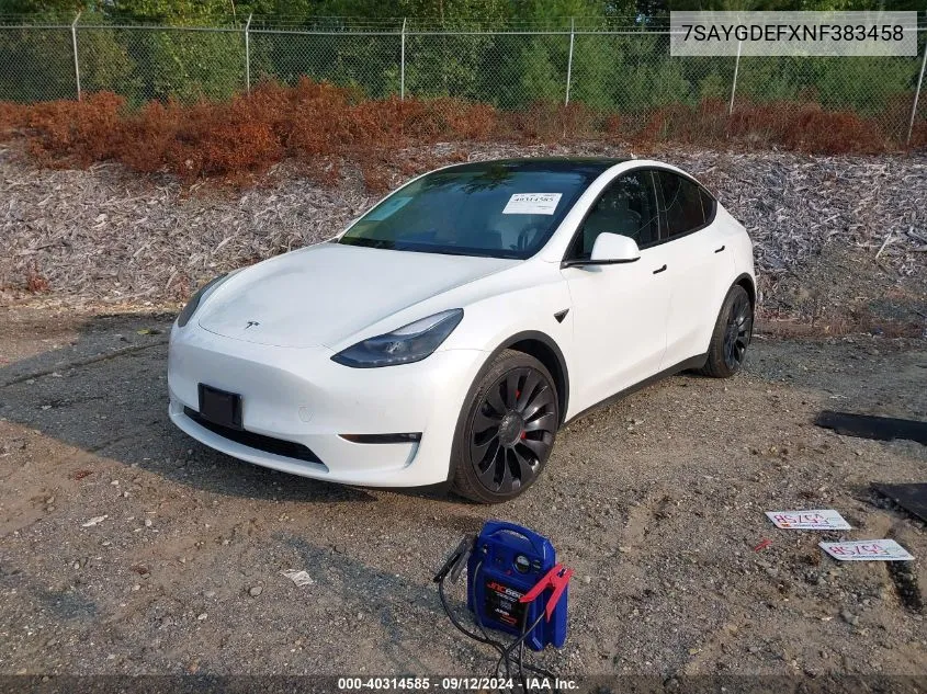 2022 Tesla Model Y VIN: 7SAYGDEFXNF383458 Lot: 40314585