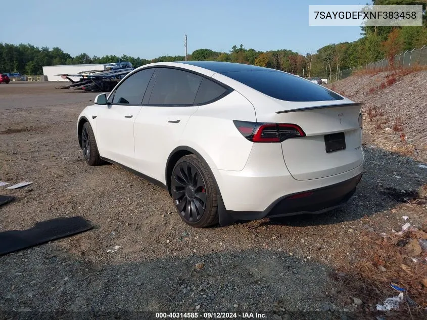 2022 Tesla Model Y VIN: 7SAYGDEFXNF383458 Lot: 40314585