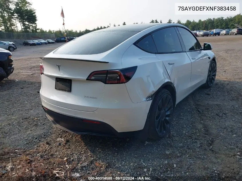 2022 Tesla Model Y VIN: 7SAYGDEFXNF383458 Lot: 40314585