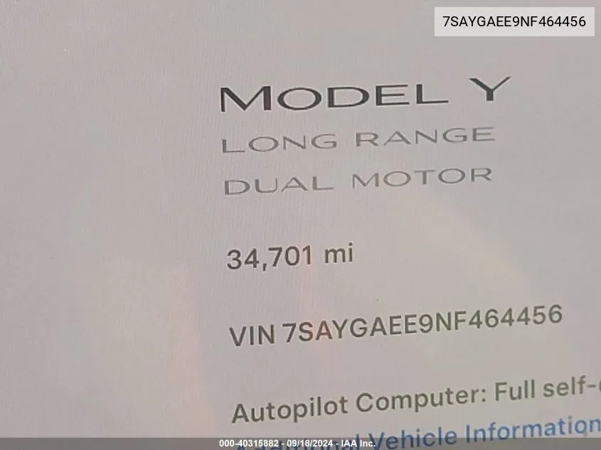 2022 Tesla Model Y VIN: 7SAYGAEE9NF464456 Lot: 40315882