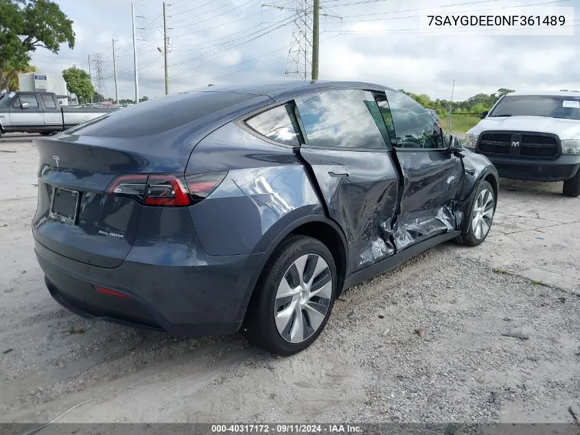 2022 Tesla Model Y VIN: 7SAYGDEE0NF361489 Lot: 40317172