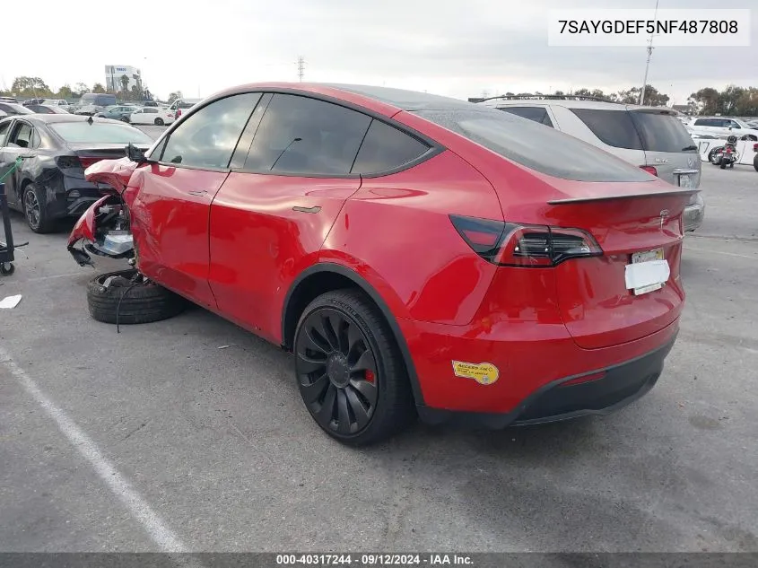 2022 Tesla Model Y Performance Dual Motor All-Wheel Drive VIN: 7SAYGDEF5NF487808 Lot: 40317244