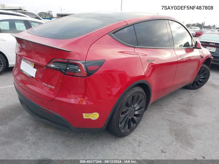 2022 Tesla Model Y Performance Dual Motor All-Wheel Drive VIN: 7SAYGDEF5NF487808 Lot: 40317244