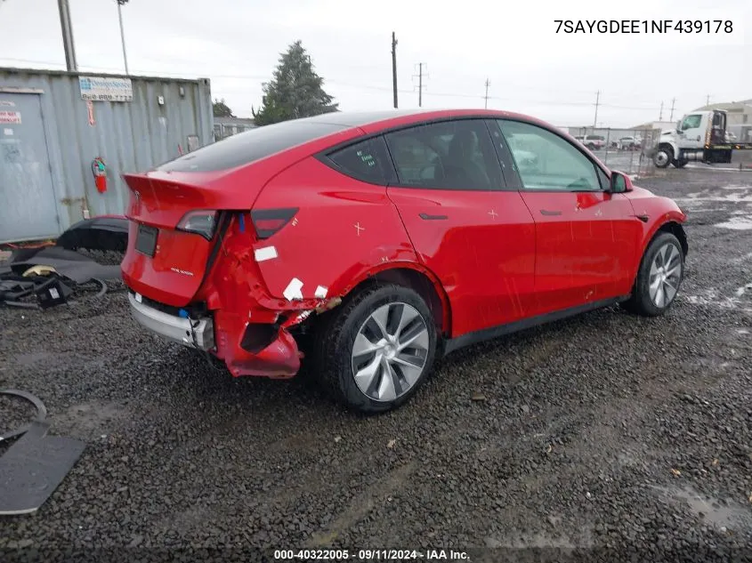 2022 Tesla Model Y Long Range Dual Motor All-Wheel Drive VIN: 7SAYGDEE1NF439178 Lot: 40322005