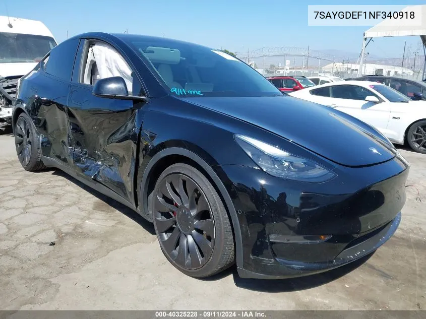 2022 Tesla Model Y Performance Dual Motor All-Wheel Drive VIN: 7SAYGDEF1NF340918 Lot: 40325228