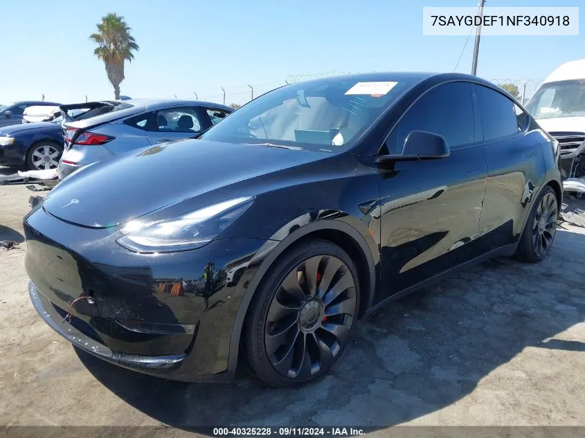 2022 Tesla Model Y Performance Dual Motor All-Wheel Drive VIN: 7SAYGDEF1NF340918 Lot: 40325228