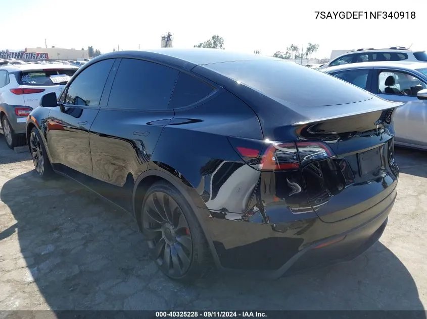 2022 Tesla Model Y Performance Dual Motor All-Wheel Drive VIN: 7SAYGDEF1NF340918 Lot: 40325228