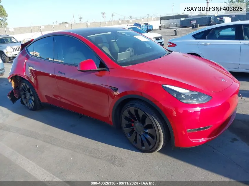 2022 Tesla Model Y Performance Dual Motor All-Wheel Drive VIN: 7SAYGDEF3NF403825 Lot: 40326336