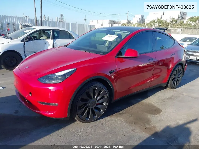 2022 Tesla Model Y Performance Dual Motor All-Wheel Drive VIN: 7SAYGDEF3NF403825 Lot: 40326336