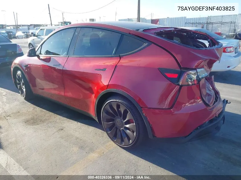 2022 Tesla Model Y Performance Dual Motor All-Wheel Drive VIN: 7SAYGDEF3NF403825 Lot: 40326336