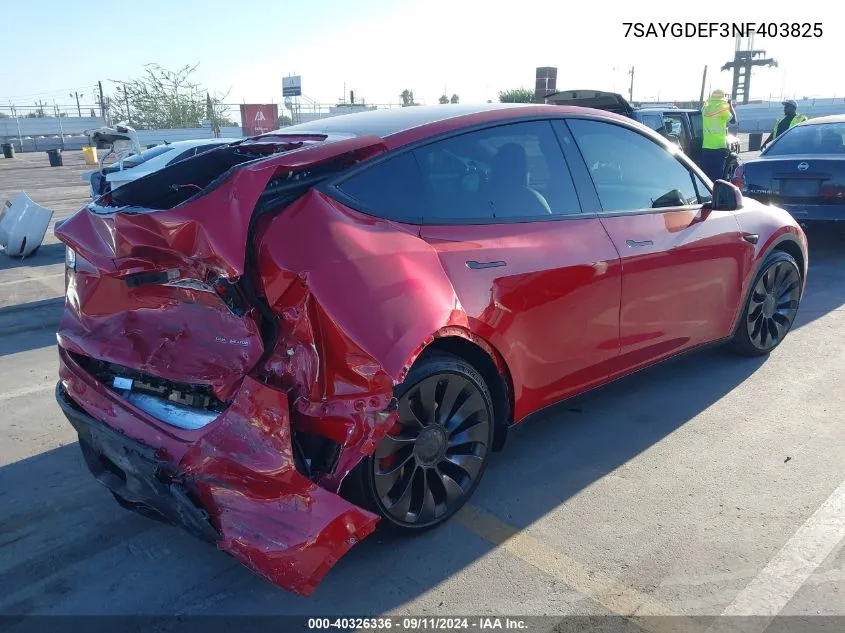 2022 Tesla Model Y Performance Dual Motor All-Wheel Drive VIN: 7SAYGDEF3NF403825 Lot: 40326336