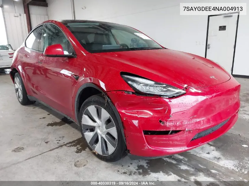 2022 Tesla Model Y Long Range Dual Motor All-Wheel Drive VIN: 7SAYGDEE4NA004913 Lot: 40330319