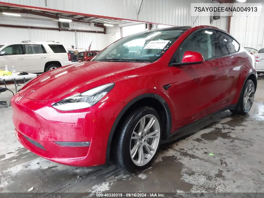 2022 Tesla Model Y Long Range Dual Motor All-Wheel Drive VIN: 7SAYGDEE4NA004913 Lot: 40330319