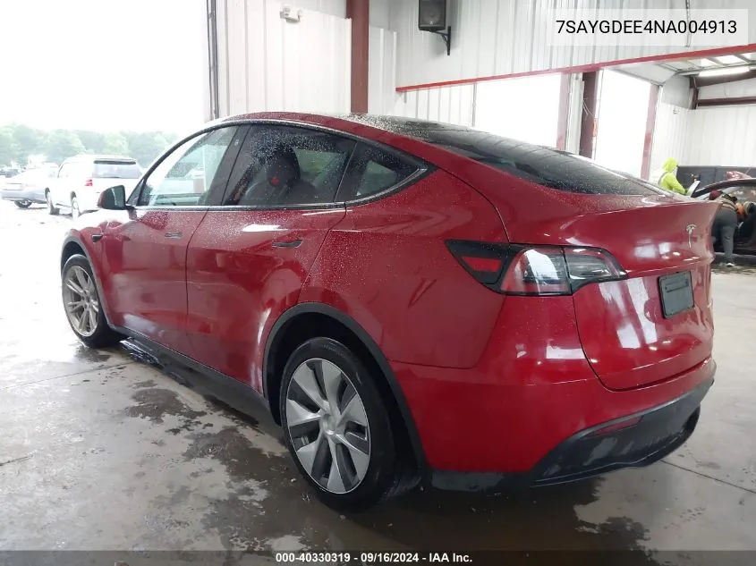 2022 Tesla Model Y Long Range Dual Motor All-Wheel Drive VIN: 7SAYGDEE4NA004913 Lot: 40330319