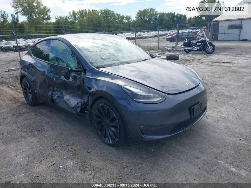 2022 Tesla Model Y VIN: 7SAYGDEF7NF312802 Lot: 40334213