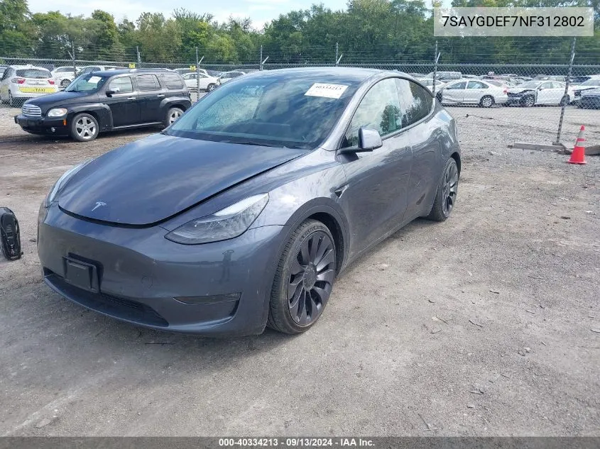 2022 Tesla Model Y VIN: 7SAYGDEF7NF312802 Lot: 40334213