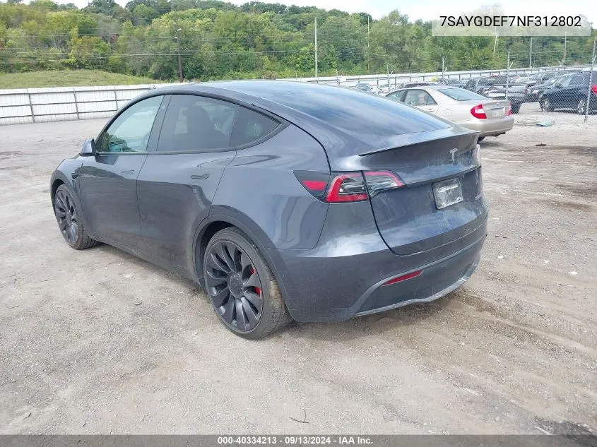 2022 Tesla Model Y VIN: 7SAYGDEF7NF312802 Lot: 40334213