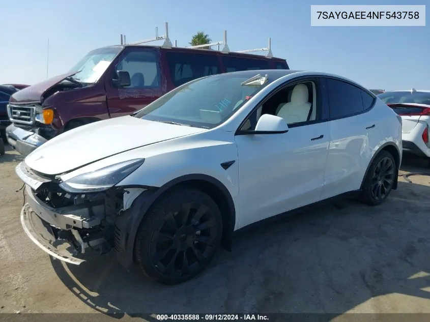 2022 Tesla Model Y Long Range Dual Motor All-Wheel Drive VIN: 7SAYGAEE4NF543758 Lot: 40335588