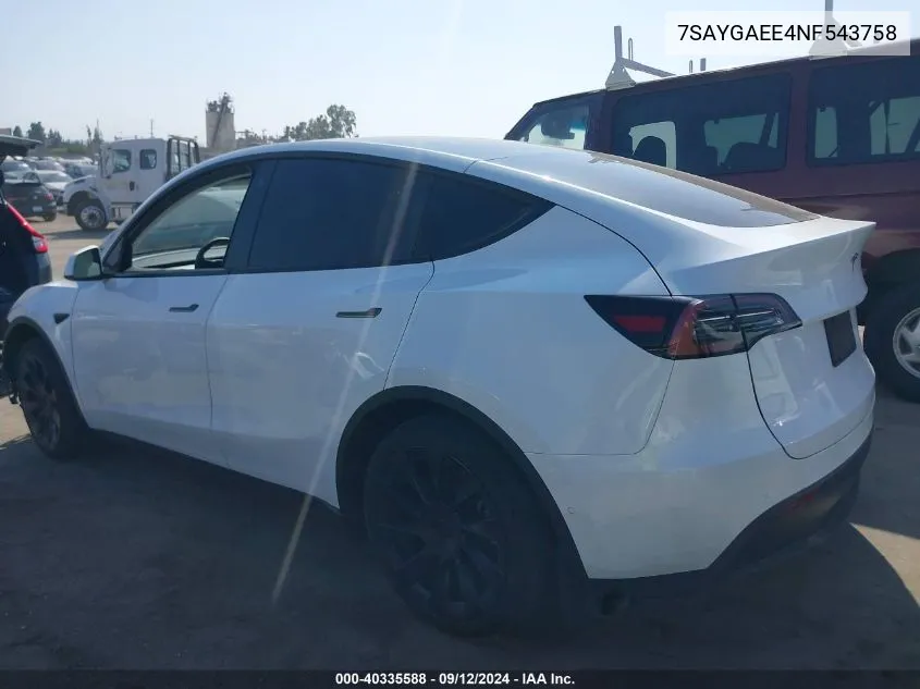 2022 Tesla Model Y Long Range Dual Motor All-Wheel Drive VIN: 7SAYGAEE4NF543758 Lot: 40335588