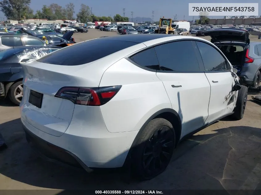 2022 Tesla Model Y Long Range Dual Motor All-Wheel Drive VIN: 7SAYGAEE4NF543758 Lot: 40335588