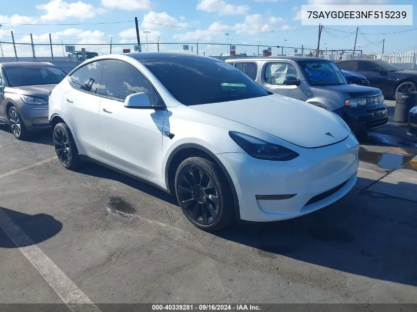 2022 Tesla Model Y Long Range Dual Motor All-Wheel Drive VIN: 7SAYGDEE3NF515239 Lot: 40339281