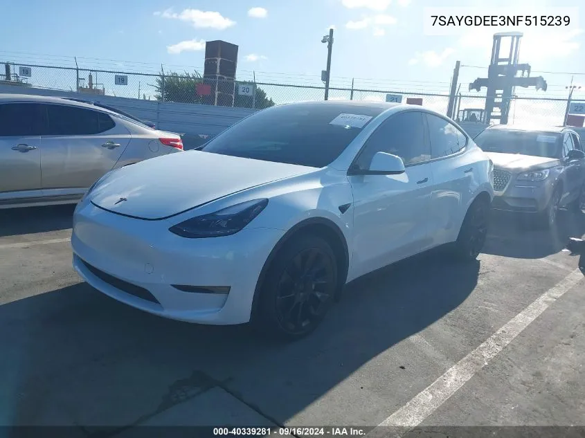 2022 Tesla Model Y Long Range Dual Motor All-Wheel Drive VIN: 7SAYGDEE3NF515239 Lot: 40339281