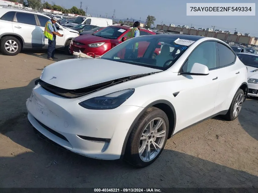 2022 Tesla Model Y Long Range Dual Motor All-Wheel Drive VIN: 7SAYGDEE2NF549334 Lot: 40345221