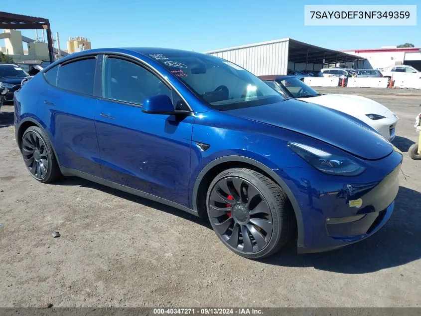 2022 Tesla Model Y Performance Dual Motor All-Wheel Drive VIN: 7SAYGDEF3NF349359 Lot: 40347271