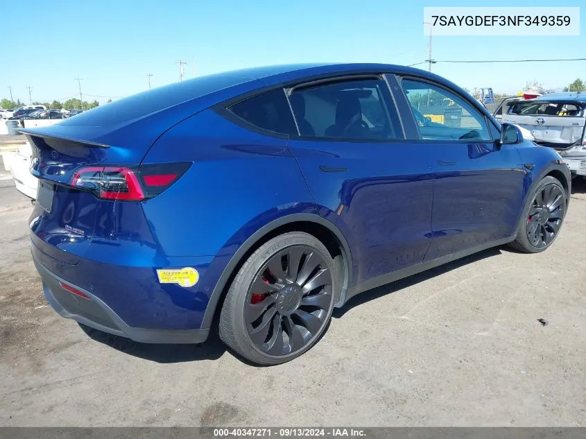 2022 Tesla Model Y Performance Dual Motor All-Wheel Drive VIN: 7SAYGDEF3NF349359 Lot: 40347271