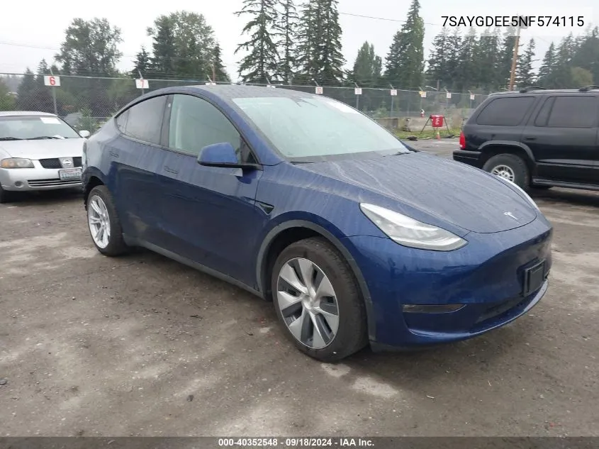 2022 Tesla Model Y Long Range Dual Motor All-Wheel Drive VIN: 7SAYGDEE5NF574115 Lot: 40352548