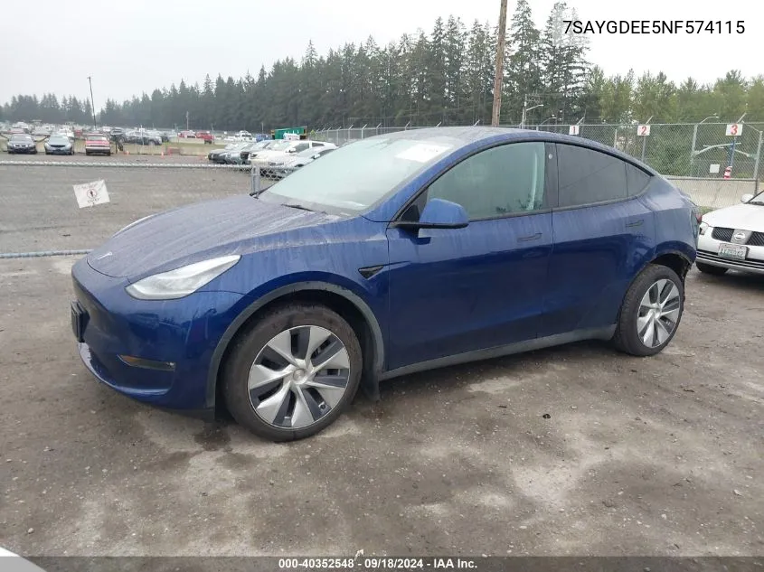 2022 Tesla Model Y Long Range Dual Motor All-Wheel Drive VIN: 7SAYGDEE5NF574115 Lot: 40352548