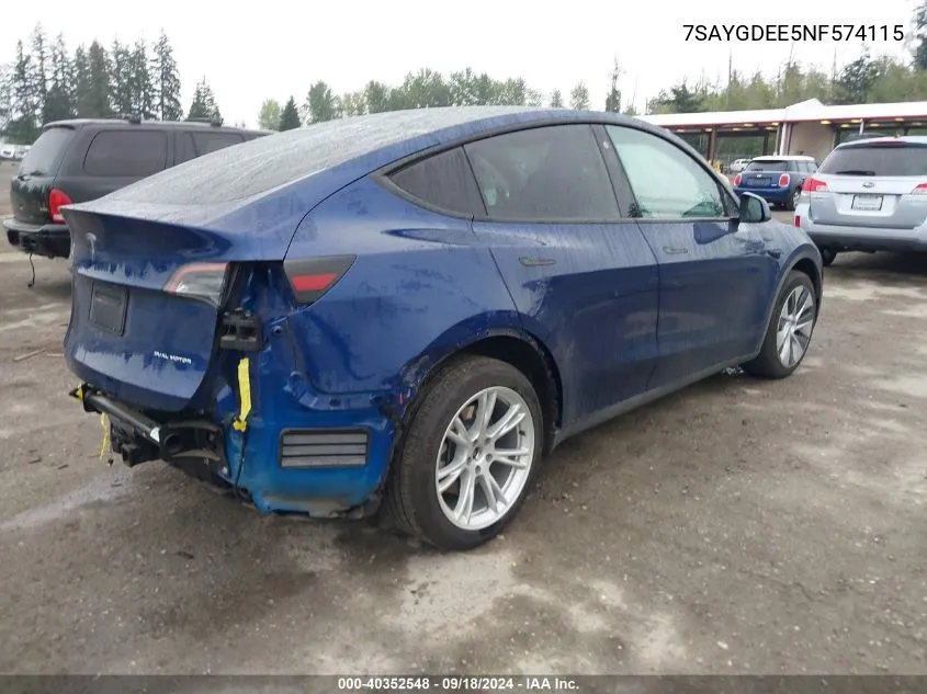 2022 Tesla Model Y Long Range Dual Motor All-Wheel Drive VIN: 7SAYGDEE5NF574115 Lot: 40352548