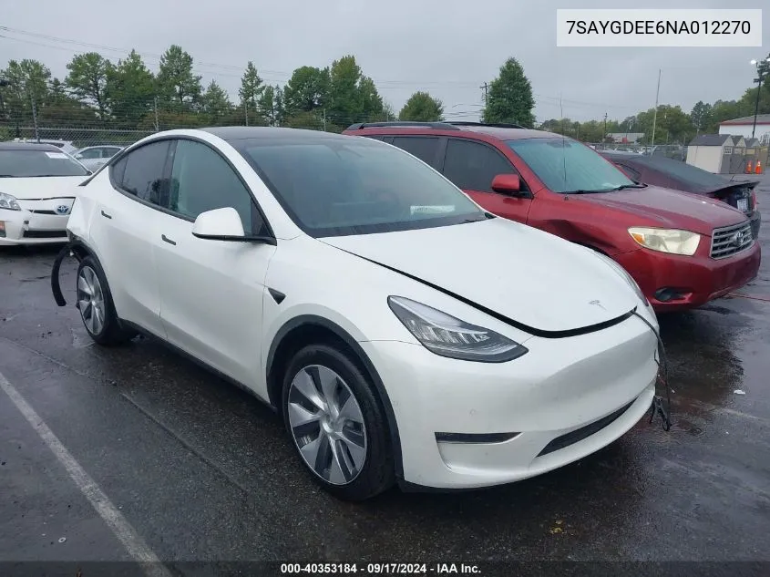 2022 Tesla Model Y VIN: 7SAYGDEE6NA012270 Lot: 40353184