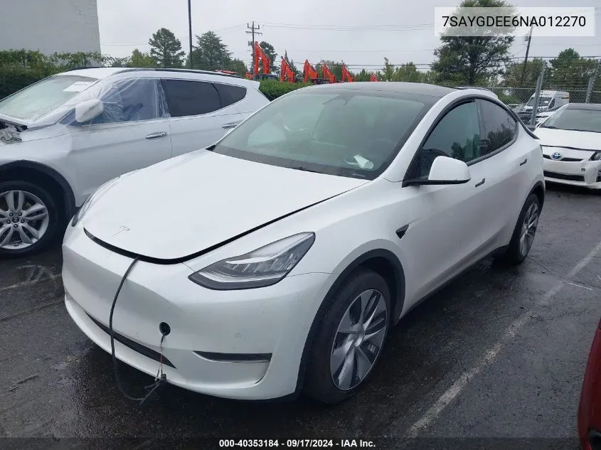 2022 Tesla Model Y VIN: 7SAYGDEE6NA012270 Lot: 40353184