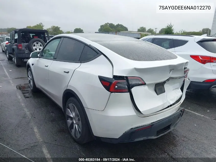 2022 Tesla Model Y VIN: 7SAYGDEE6NA012270 Lot: 40353184