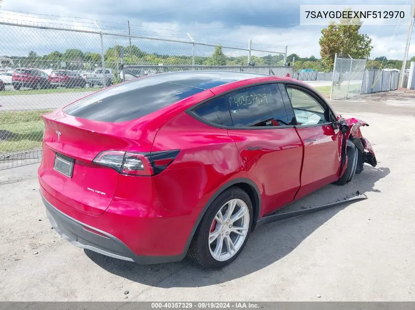 2022 Tesla Model Y Long Range Dual Motor All-Wheel Drive VIN: 7SAYGDEEXNF512970 Lot: 40357329