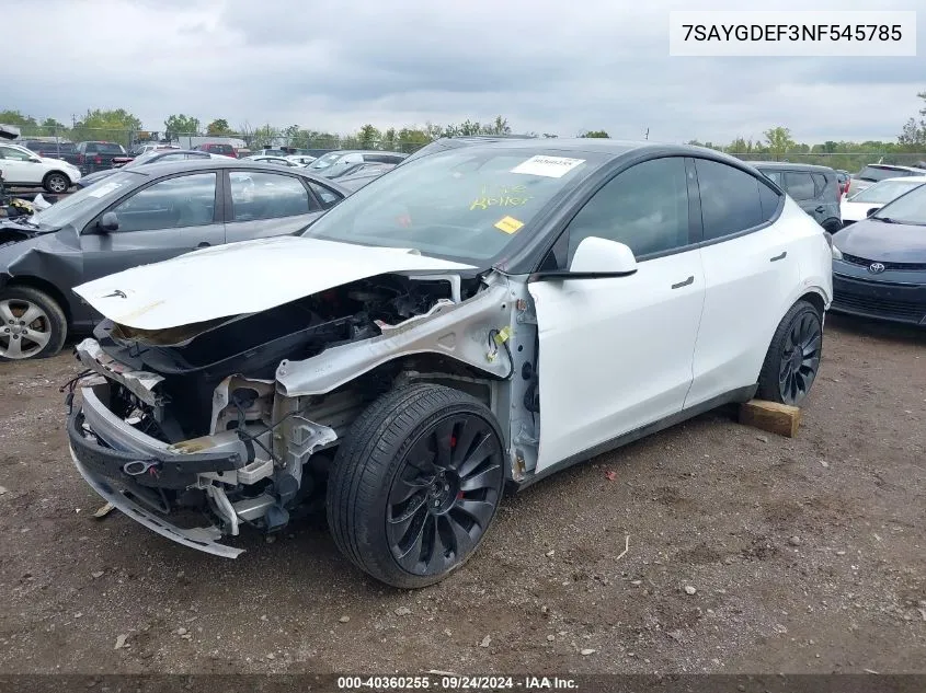 2022 Tesla Model Y VIN: 7SAYGDEF3NF545785 Lot: 40360255