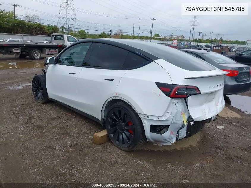 2022 Tesla Model Y VIN: 7SAYGDEF3NF545785 Lot: 40360255