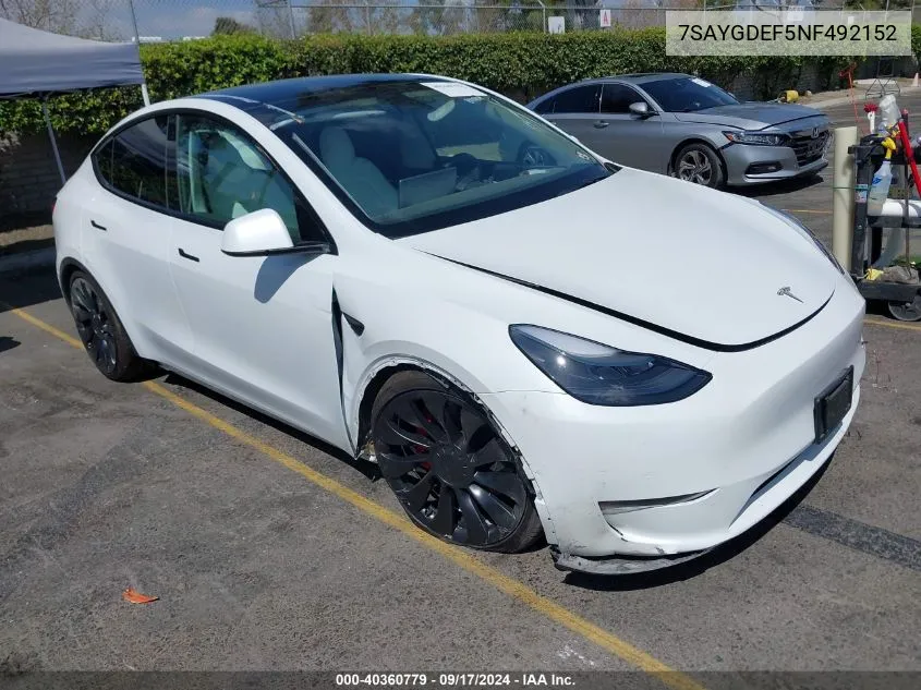 2022 Tesla Model Y Performance Dual Motor All-Wheel Drive VIN: 7SAYGDEF5NF492152 Lot: 40360779