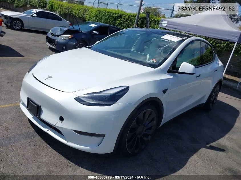 2022 Tesla Model Y Performance Dual Motor All-Wheel Drive VIN: 7SAYGDEF5NF492152 Lot: 40360779