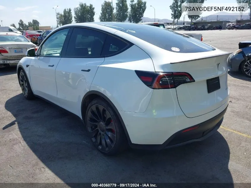 2022 Tesla Model Y Performance Dual Motor All-Wheel Drive VIN: 7SAYGDEF5NF492152 Lot: 40360779