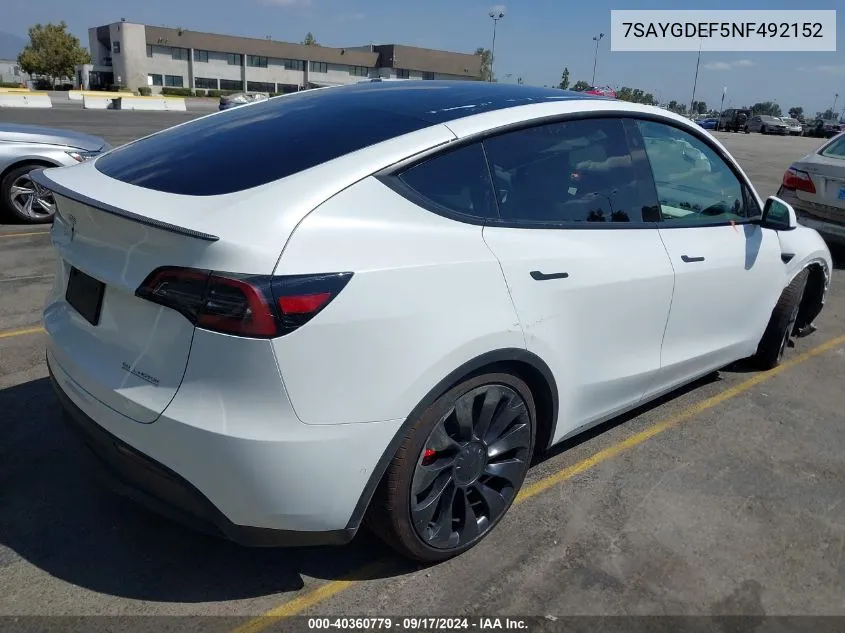 2022 Tesla Model Y Performance Dual Motor All-Wheel Drive VIN: 7SAYGDEF5NF492152 Lot: 40360779