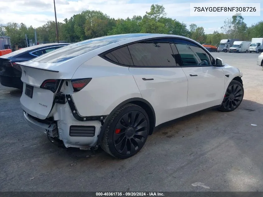 2022 Tesla Model Y Performance Dual Motor All-Wheel Drive VIN: 7SAYGDEF8NF308726 Lot: 40361735