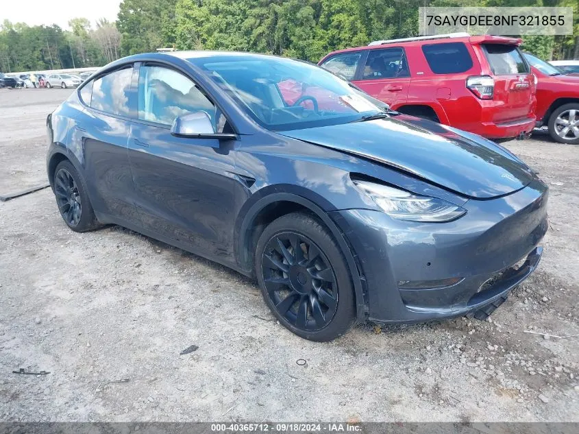 2022 Tesla Model Y Long Range Dual Motor All-Wheel Drive VIN: 7SAYGDEE8NF321855 Lot: 40365712