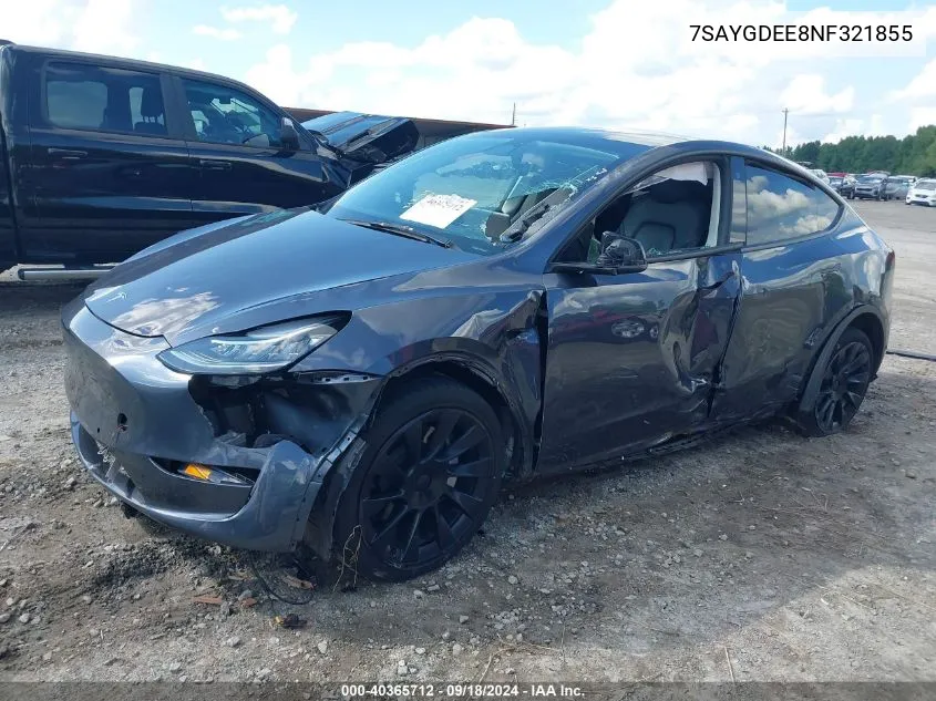 2022 Tesla Model Y Long Range Dual Motor All-Wheel Drive VIN: 7SAYGDEE8NF321855 Lot: 40365712